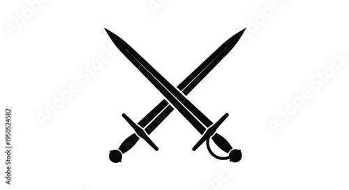 A stark black silhouette depicts two crossed swords implying conflict weaponry or historical battle imagery high quality professional detailed