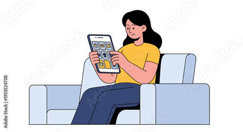 Relaxed young woman sitting comfortably on a sofa, deeply engrossed in browsing diverse digital content and entertainment on her tablet device