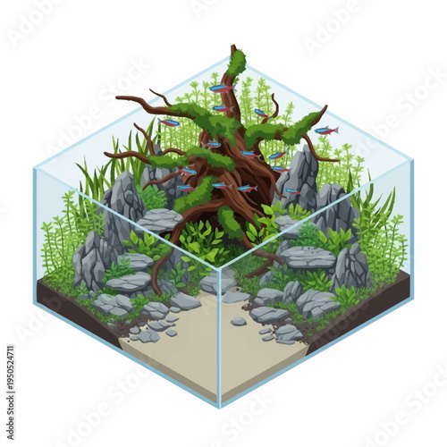 Aquatic Ecosystem With Lush Greenery and Driftwood Centerpiece.
