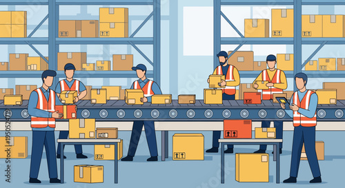 Warehouse workers actively packaging and sorting goods on a conveyor belt, symbolizing efficient logistics and supply chain operations