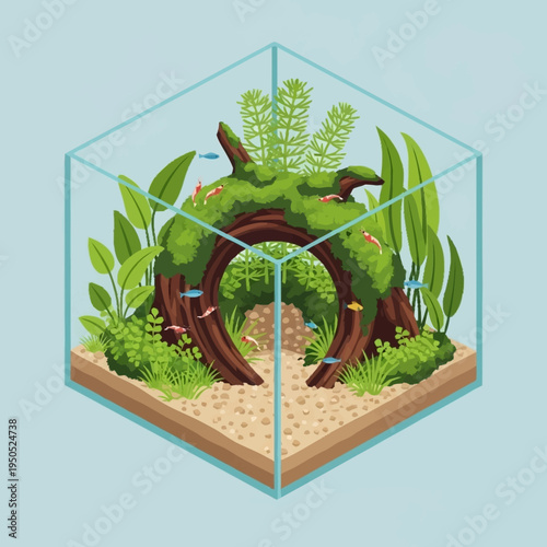 Beautifully Decorated Aquarium with Lush Green Plants and Small Fish.