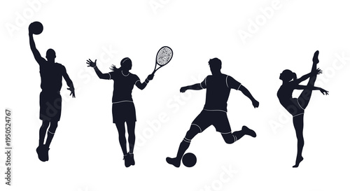 A dynamic silhouette illustration depicts four athletes engaged in distinct sports showcasing movement and physical prowess high quality professional