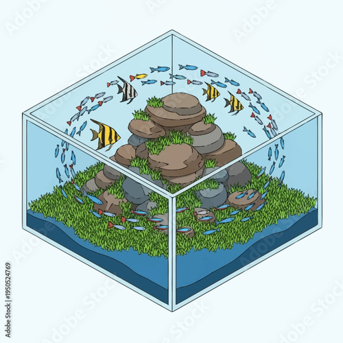 Isometric Aquarium With Lush Greenery and Fish.