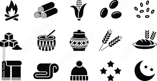 Black silhouette winter cozy icons set campfire cinnamon corn coffee beans sugar drum honey wheat bread scarf hat moon stars.