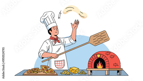 Culinary Artist in Action: A skilled chef expertly tosses pizza dough, ready to create a masterpiece within a wood-fired oven, surrounded by the essential ingredients for an authentic pizza.