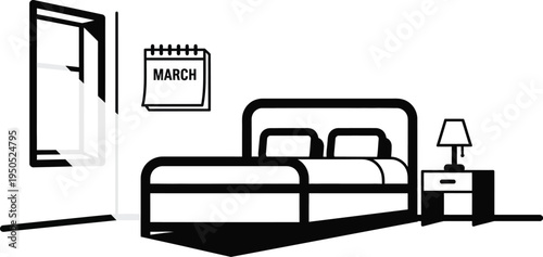 black and white bedroom interior with bed and calendar