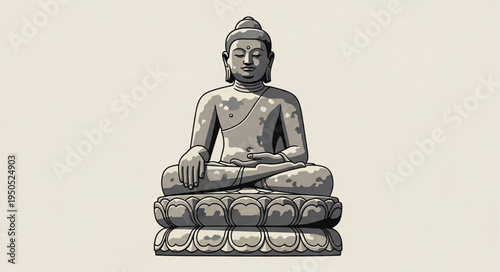 Serene Buddha Statue Meditating on Lotus Throne.