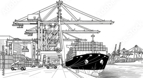 Detailed Sketch of a Cargo Ship at a Busy Port Terminal.