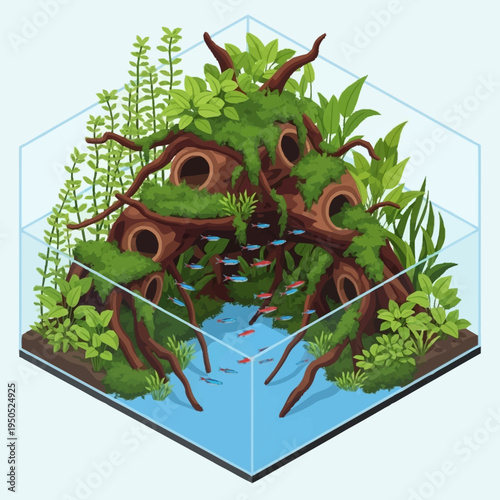Exotic Aquarium Landscape with Lush Plants and Fish.