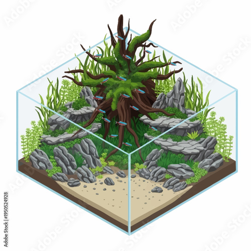 Aquatic Ecosystem With Lush Greenery And Rocky Accents.