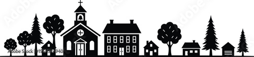 Black silhouette small town village landscape church steeple houses trees countryside rural scene American countryside horizon line vector illustration.