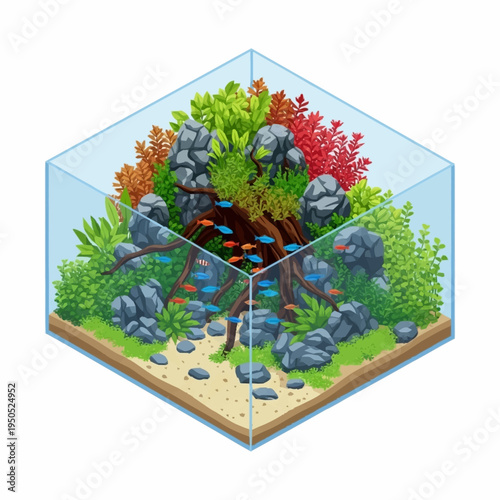 Vibrant Aquarium Ecosystem with Lush Aquatic Plants and Small Fish.