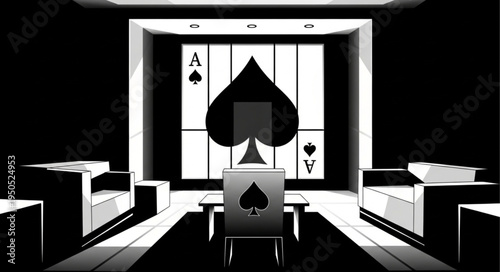 Monochromatic Room with Playing Card Motif and Modern Design.