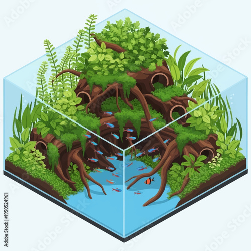 Beautifully Decorated Aquarium with Lush Greenery and Small Fish.