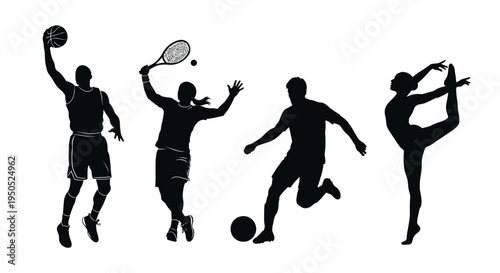 A striking silhouette composition showcases four diverse athletic figures engaged in basketball tennis soccer and ballet high quality professional