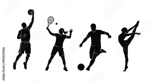 A striking black silhouette composition depicts four athletes engaged in diverse sports basketball tennis soccer and ballet high quality
