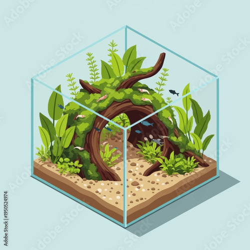 Beautifully Decorated Aquarium Ecosystem with Lush Green Plants and Small Fish.