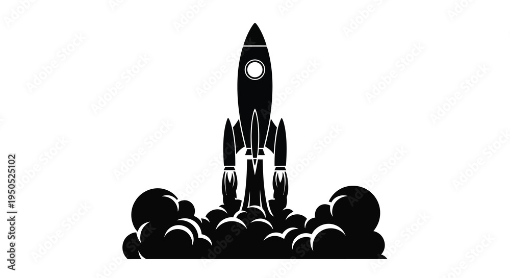 Fototapeta premium A striking black silhouette depicts a rocket launching with flames and smoke billowing beneath it high quality professional detailed