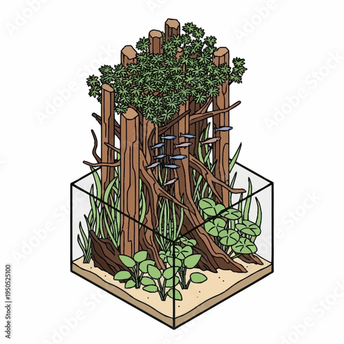 Aquatic Ecosystem With Lush Greenery and Wood Elements.