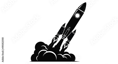 A striking black and white illustration depicts a rocket ascending with forceful exhaust flames symbolizing space exploration high quality