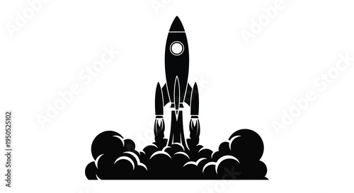 A striking black silhouette depicts a rocket launching with flames and smoke billowing beneath it high quality professional detailed