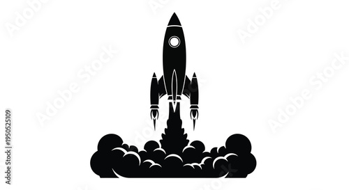 A striking black silhouette depicts a rocket launching with intense flames and smoke billowing below it high quality professional