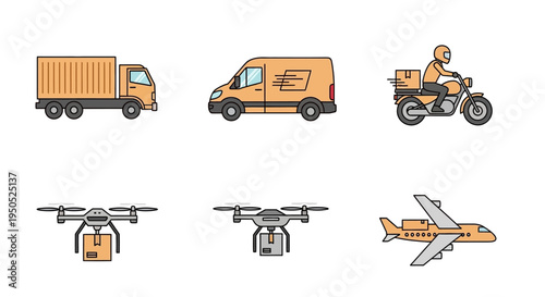 Delivery vehicles and drones in flight.