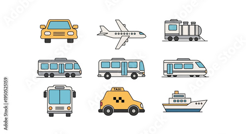 Various Transportation Vehicles Icon Set.