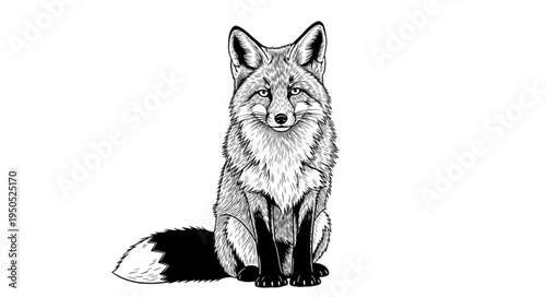 Detailed black and white illustration of a sitting fox with bushy tail.