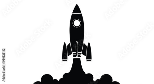 A minimalist black silhouette of a rocket launching upwards with visible exhaust flames against a white background high quality