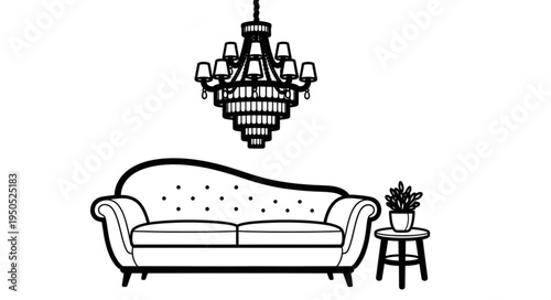 Elegant Living Room Interior with Sofa, Chandelier, and Plant.
