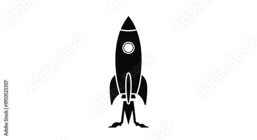 A minimalist black silhouette of a rocket ship is centrally positioned on a stark white background symbolizing space travel