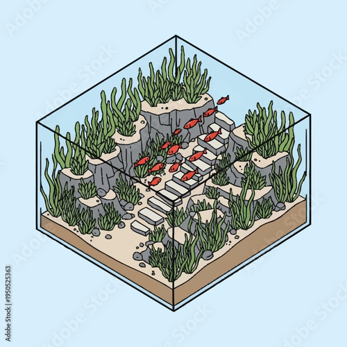 Isometric Aquarium Ecosystem with Coral and Fish.