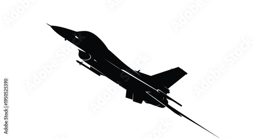 A stark silhouette of a military fighter jet soaring upwards against a clean bright white background high quality professional