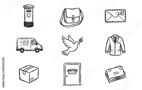 Black ink scribble doodle vector vintage hand drawn illustration of postal mail service, mailbox, envelope, delivery truck, and package box.