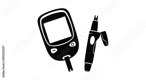 A black and white illustration depicts a glucose meter and a lancet essential tools for diabetes management and blood testing