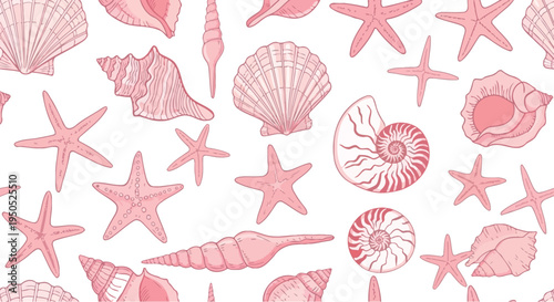 Seamless pattern of pink seashells and starfish on a white background, perfect for summer-themed designs and beach decor