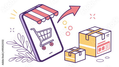 Modern Flat Vector Illustration of Online Shopping – E-commerce, Digital Purchase & Shopping Cart Icons