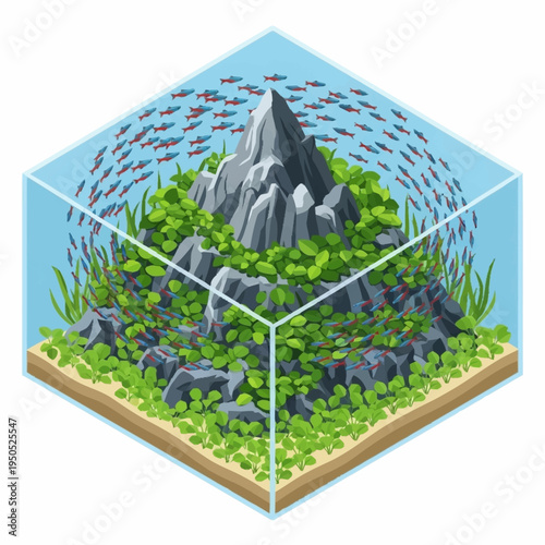 Isometric Aquarium Ecosystem with Mountain and Fish Swarm.
