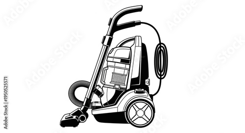Detailed Black and White Illustration of a Modern Vacuum Cleaner.