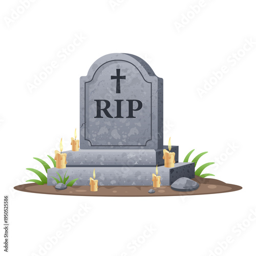 RIP Gravestone with Burning Candles. Cemetery Memorial Vector Illustration