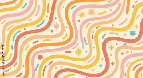 Vibrant Retro Wavy Abstract Background with Soft Pastel Rainbow Curves and Stars – Vintage Style Fluid Wave Pattern Design