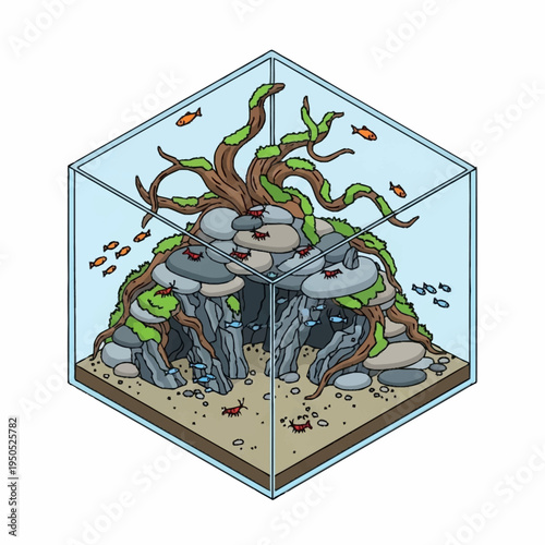Isometric Aquarium Ecosystem with Aquatic Life and Flora.