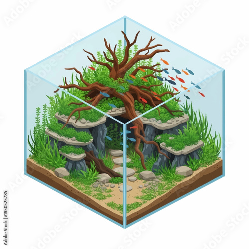 Beautifully Decorated Aquarium with Lush Greenery and Small Fish.