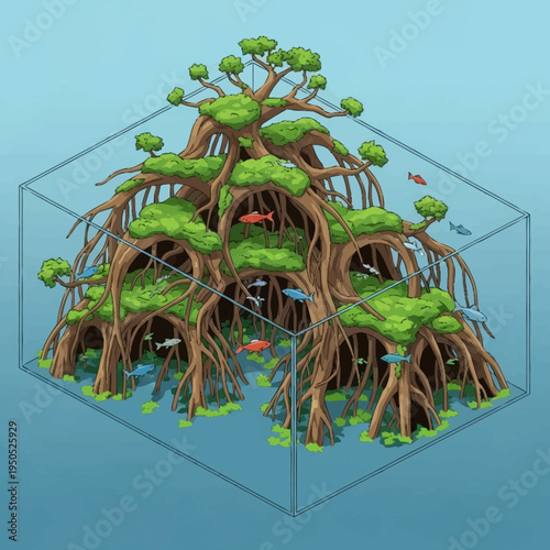 Detailed Illustration of a Mangrove Ecosystem with Fish.