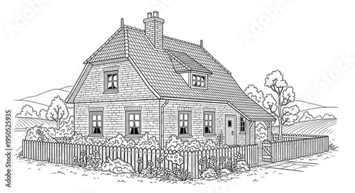 Detailed Sketch of a Quaint Cottage with a Chimney.