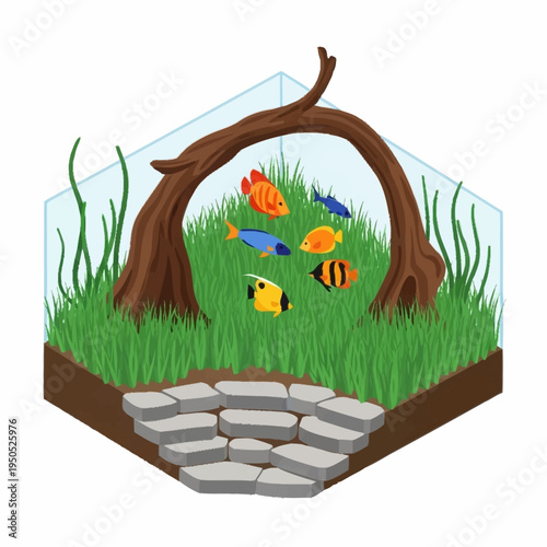 Hexagonal Aquarium with Tropical Fish and Driftwood Arch.