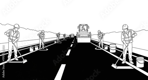 Road Marking Crew Painting Lines on Asphalt Highway.