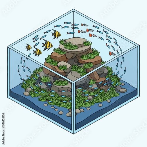 Isometric Aquarium With Tropical Fish and Lush Greenery.