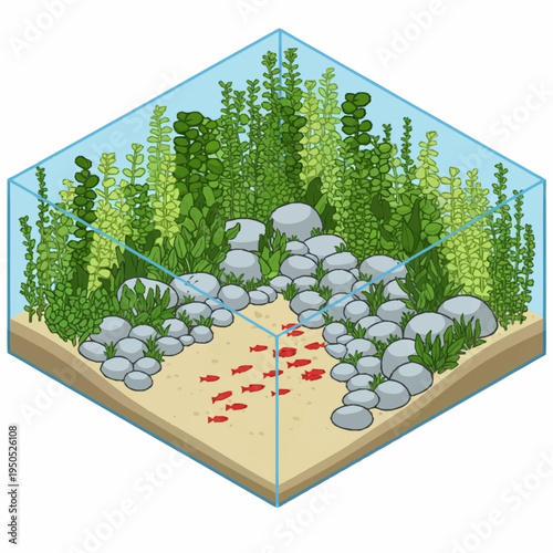 Aquatic Ecosystem With Small Red Fish and Lush Green Plants.